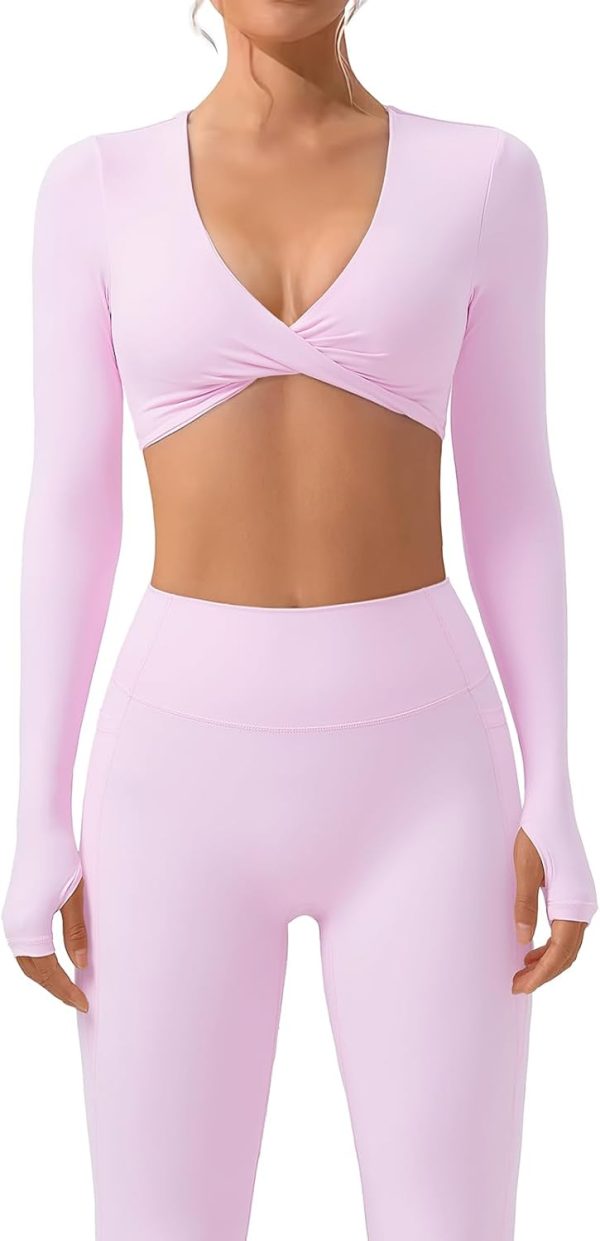 Women 2 Piece Workout Sets Long Sleeve Twist Deep V Crop Padded Tops Yoga Leggings with Side Pockets