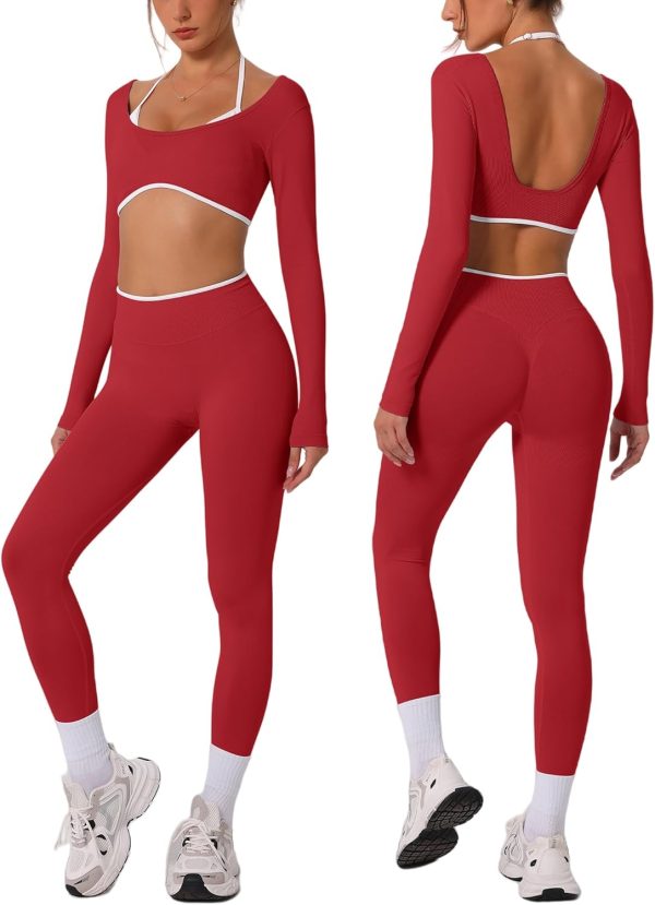 Workout Sets for Women Long Sleeve Crop Top Scrunch Butt Lifting High Waist Leggings 2 Piece Gym Yoga Outfits