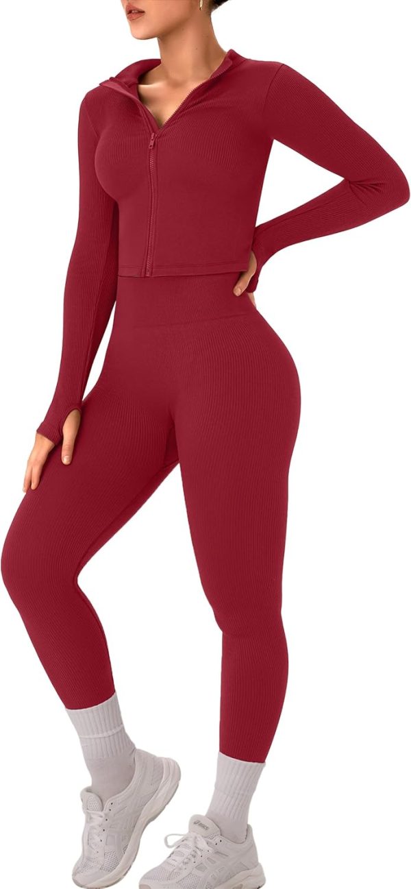 Womens Workout Sets 2 Piece Seamless Ribbed Long Sleeve Yoga Outfits High Waist Leggings Zipper Jacket Thumb Hole Gym