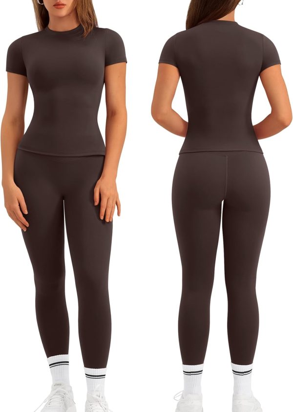 Womens Two Piece Workout Sets Slim Fit Short Sleeve Shirt High Waist Leggings Yoga Outfits Matching Gym Set