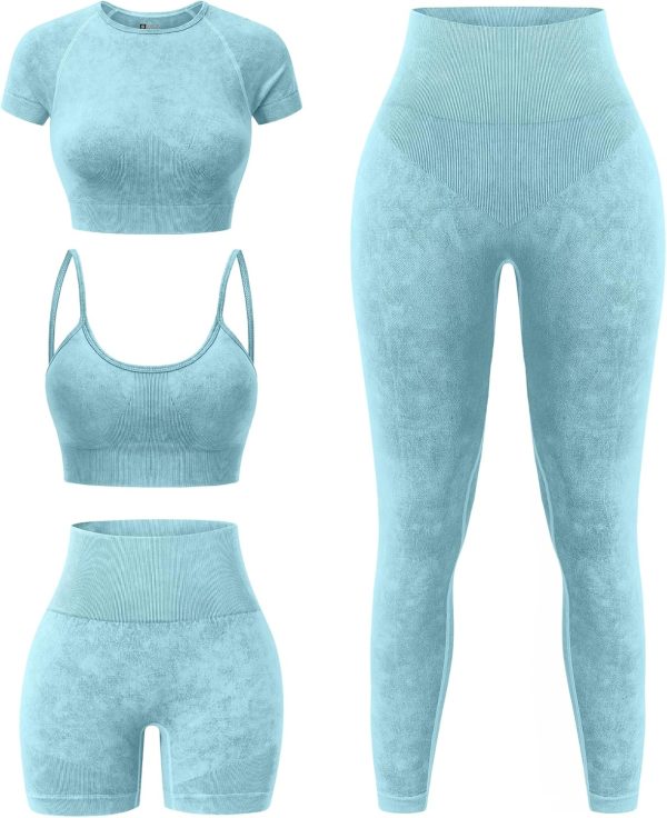 Women's 4 Piece Workout Sets Seamless Acid Wash Tops Sports Bra High Waist Shorts Leggings Active Set