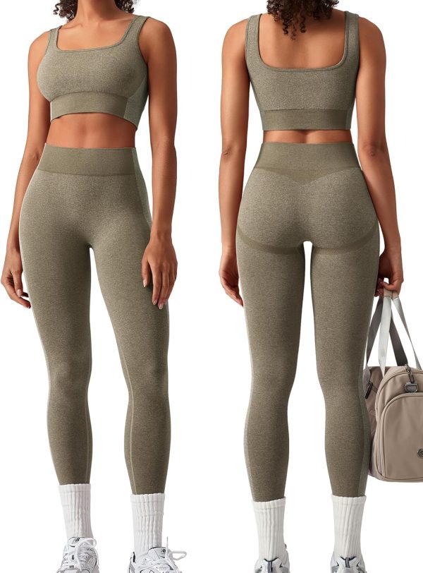 Womens Workout Sets 2 Piece Seamless Square Neck Sports Bra Padded Butt Lifting Leggings High Waist Yoga Gym Outfits